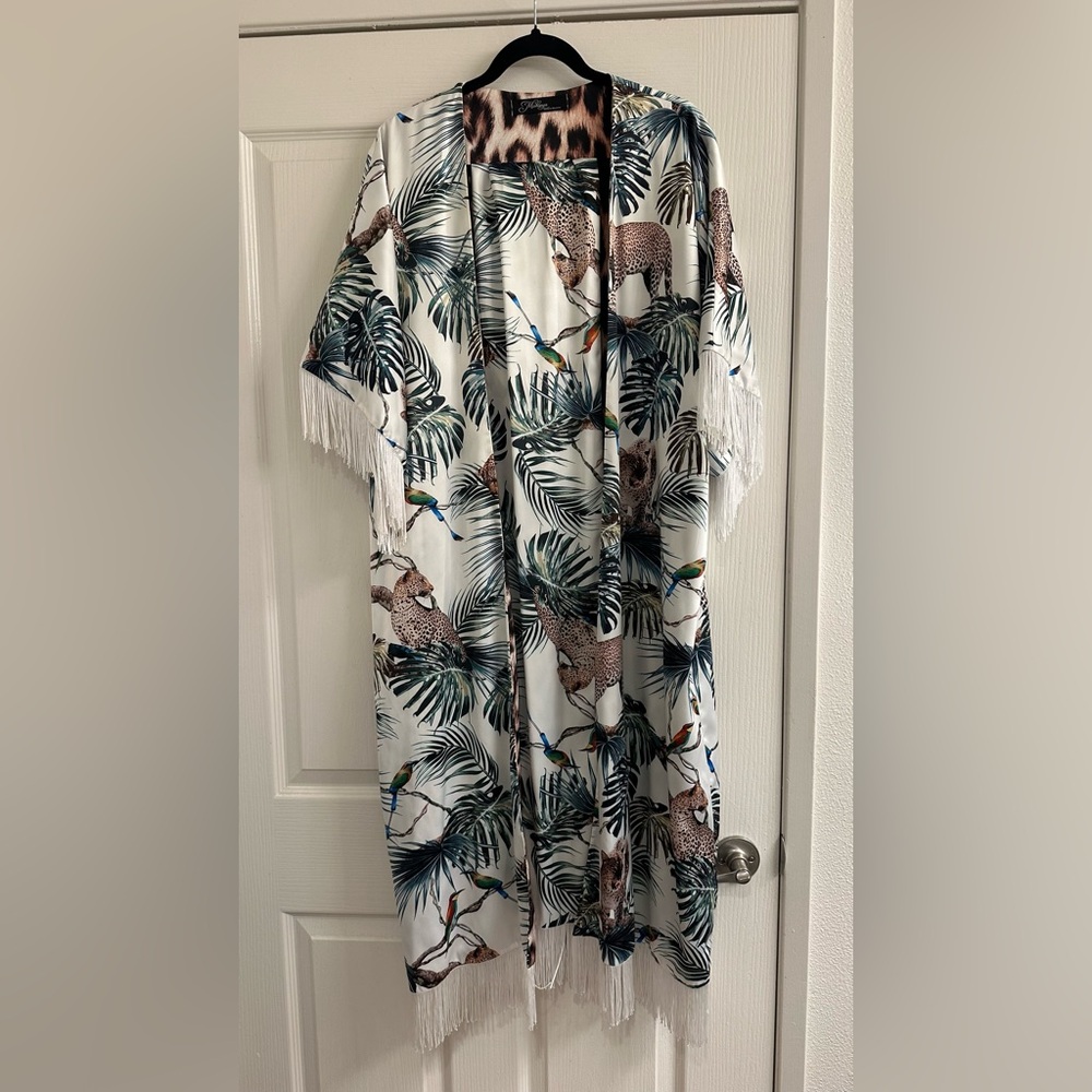 Tropical Animal Print Kimono-dress with Fringe